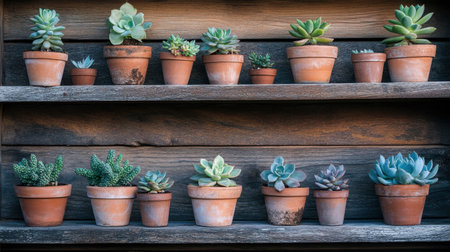 A stunning arrangement of various succulent plants in rustic pots displayed on wooden shelves, showcasing vibrant colors and natural textures for an appealing decor element.の素材