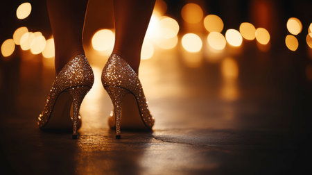 A pair of stunning high-heeled shoes glittering with sparkles, set against a backdrop of warm glowing lights, evokes a sense of elegance and celebration perfect for any special occasion.の素材