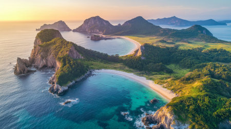 Experience a stunning aerial view of a coastal landscape featuring dramatic cliffs, serene beaches, and a vibrant blue ocean during the golden hour of sunset.の素材