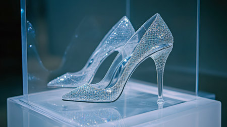 A stunning pair of transparent high heel shoes, elegantly showcased with sparkling details, ideal for fashion promotions and retail displays, embodying luxury and style.の素材