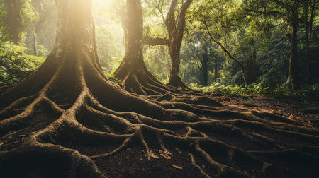 Breathtaking view of a serene forest filled with towering trees and intricate roots basking in soft sunlight, creating a peaceful and enchanting natural atmosphere.の素材