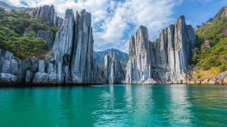 Stunning view of towering limestone cliffs rising dramatically from pristine waters, infused with vibrant colors under a serene sky, perfect for nature lovers and adventurers.の素材
