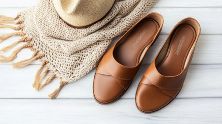 A pair of stylish brown slip-on shoes rests atop a cozy knit throw alongside a straw hat, encapsulating summer elegance and comfort in a relaxed setting.の素材