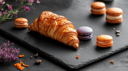 A beautifully arranged scene featuring a freshly baked croissant and colorful macarons, perfect for a gourmet dessert display or cafの素材