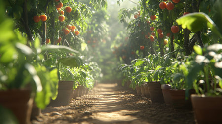 A vibrant pathway in a lush tomato garden filled with sunlit plants and bright red tomatoes, showcasing the beauty of nature and agricultural practices in a serene environment.の素材