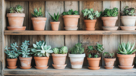 This image showcases a stunning variety of succulent plants arranged in terracotta pots on a rustic wooden shelf, highlighting natural beauty and tranquility in interior decor.の素材