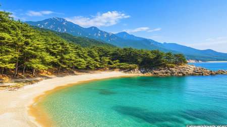 Discover a breathtaking beach scene featuring crystal clear water, lush forests, and majestic mountains, perfect for relaxation and appreciating nature's beauty.の素材
