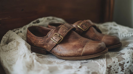 A pair of vintage brown leather shoes featuring a buckle, resting on a lace tablecloth, surrounded by soft natural light, ideal for conveying nostalgia and warmth in photography.の素材