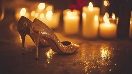 A pair of stunning gold high heels sparkle in the soft glow of flickering candles, set against a reflective surface, evoking a romantic and luxurious atmosphere perfect for special occasions.の素材