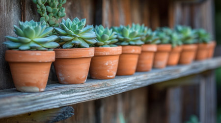 A serene arrangement of multiple succulent plants in terracotta pots displayed on a rustic wooden shelf, bringing a touch of nature and tranquility to any space.の素材