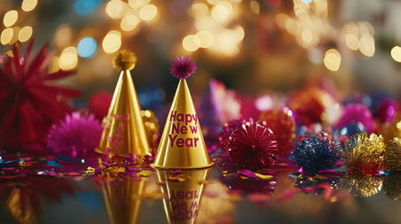 Vibrant party hats with "Happy New Year" printed in gold and colors, surrounded by festive decorations, create a cheerful atmosphere for celebrations and gatherings.の素材