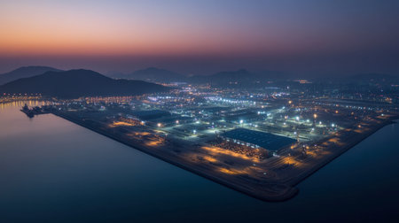 A captivating aerial shot showcasing a bustling industrial port illuminated under a twilight sky, blending urban industry with the serene beauty of dusk and water reflections.の素材