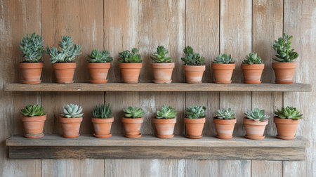 An elegant arrangement of diverse succulent plants in clay pots on wooden shelves, creating a serene and inviting atmosphere perfect for home decor and botanical displays.の素材