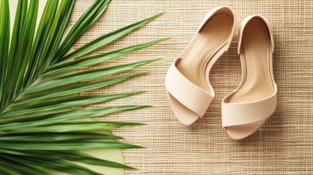 Stylish nude heeled sandals elegantly placed on a natural jute mat alongside a vibrant green palm leaf, creating a chic summer look perfect for fashion enthusiasts.の素材