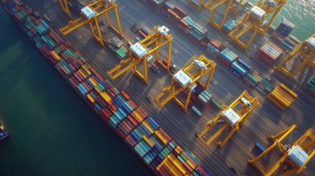 Experience the dynamic environment of a shipping port, showcasing colorful containers and cranes working efficiently against a backdrop of calm water.の素材