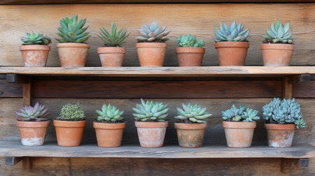 This image showcases an attractive collection of succulent plants in terra cotta pots arranged on rustic wooden shelves, ideal for indoor decor and gardening inspiration.の素材
