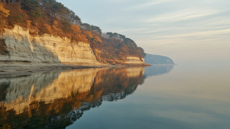 A picturesque autumn scene showcasing golden-brown cliffs and trees reflected in a calm water body at dawn, epitomizing the serene beauty of nature in a tranquil setting.の素材
