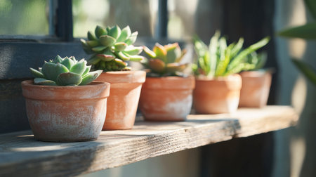 A serene display of five terracotta pots filled with various succulent plants creates a calming atmosphere in this well-lit setting, perfect for indoor gardening enthusiasts.の素材