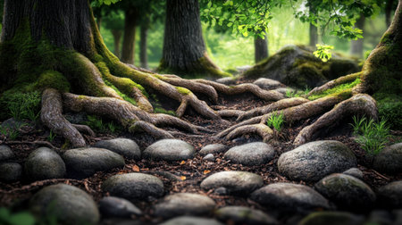 A serene forest scene showcasing intricate tree roots intertwined with smooth stones, bathed in soft sunlight, highlighting the natural beauty and tranquility of the woodland environment.の素材