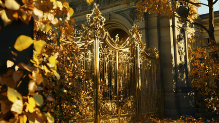 A stunning golden gate framed by vibrant autumn leaves, capturing the harmony between nature and ornate architecture, perfect for conveying elegance and beauty in outdoor settings.の素材