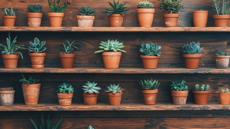 A stunning arrangement of various succulent plants in clay pots resting on wooden shelves, creating a serene indoor atmosphere and inspiring decor ideas for plant lovers.の素材