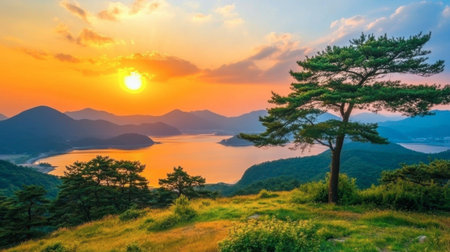 Experience a stunning sunset illuminating the mountains and water, with lush greenery and tranquil scenery creating a serene atmosphere in nature's embrace.の素材