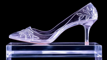 A stunning transparent high heel shoe with floral designs rests on an acrylic display stand, representing exquisite craftsmanship and current fashion trends for style enthusiasts.の素材