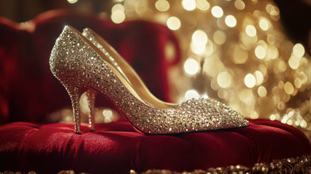 A stunning high heel shoe sparkling with rhinestones rests on a luxurious red velvet couch, beautifully contrasted against a warm bokeh of lights, perfect for showcasing elegance and style.の素材