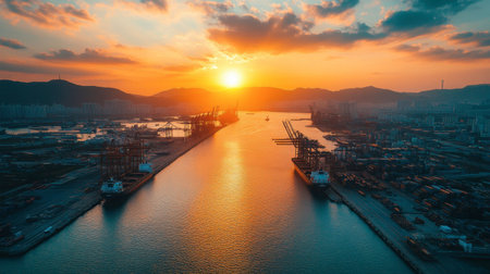 Experience a stunning view of a vibrant sunset over a busy port, showcasing silhouettes of cranes and ships reflected in tranquil waters. Ideal for nature and travel themes.の素材