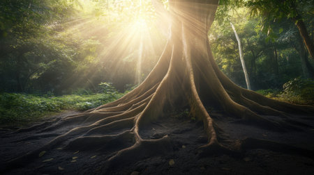 A stunning view of a large tree showcasing its intricate roots and beams of sunlight filtering through the lush green leaves, creating a serene atmosphere in nature.の素材