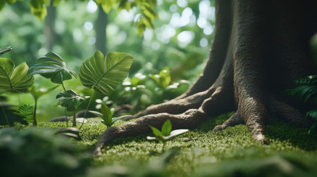 Explore the intricate beauty of a lush tropical forest, showcasing vibrant greenery and textured tree roots, creating a serene atmosphere of natural tranquility.の素材