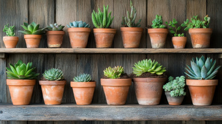 This image features an array of succulent plants in terracotta pots, beautifully arranged on a rustic wooden shelf, perfect for home decor or gardening ideas.の素材