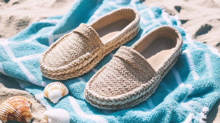 A beautifully arranged pair of stylish woven sandals on a soft beach towel, accompanied by seashells, evokes summer relaxation and coastal charm in a sunny environment.の素材