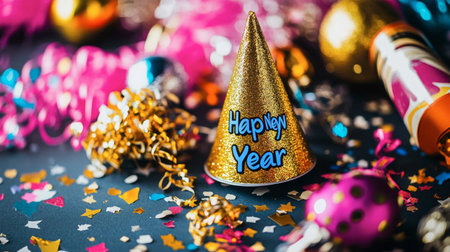 Festive scene featuring a shimmering gold party hat with "Happy New Year" text, surrounded by colorful confetti and decorative elements ideal for celebrating the New Year.の素材