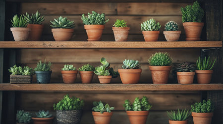 An inviting display of various succulents in terracotta pots, arranged on rustic wooden shelves, creating a serene and earthy atmosphere in an indoor space.の素材