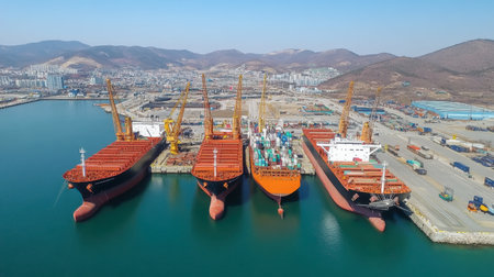 A stunning aerial image captures large cargo ships docked at a bustling port, surrounded by cranes and mountains, showcasing maritime industry and transportation efficiency.の素材