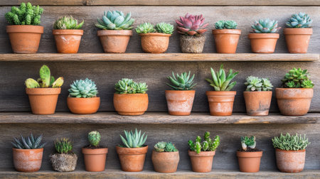 A collection of colorful succulent plants in terracotta pots arranged on wooden shelves, creating a serene and inviting atmosphere perfect for indoor decoration and gardening enthusiasts.の素材
