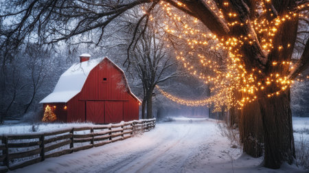 Enchanting winter landscape featuring a charming red barn adorned with twinkling lights, surrounded by a serene snowy environment, perfect for a holiday celebration.の素材