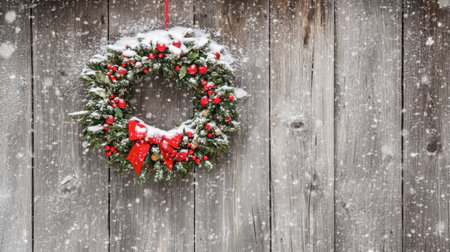 A charming Christmas wreath adorned with red berries and a cheerful ribbon hangs against a rustic wooden wall, gently blanketed by falling snowflakes in a serene winter setting.の素材