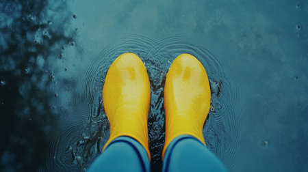 Bright yellow rubber boots stand in a puddle on a rainy day, symbolizing the joy of outdoor adventures and playful moments in nature, appealing to enthusiasts and nostalgia.の素材