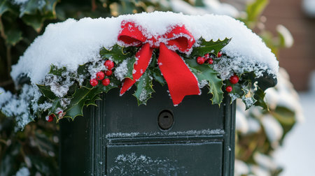 A charming winter mailbox adorned with bright red bow and holly, blanketed in fresh snow, evokes the warmth of the holiday season and a welcoming atmosphere.の素材