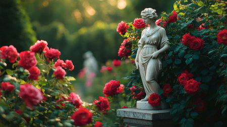 A tranquil garden scene featuring vibrant roses and an elegant statue surrounded by lush greenery, creating a picturesque and serene environment ideal for relaxation.の素材