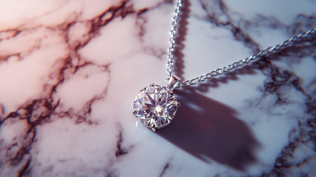 A captivating close-up of a diamond pendant necklace resting on a marble surface, showcasing its lustrous sparkle and sophisticated design, perfect for jewelry lovers.の素材