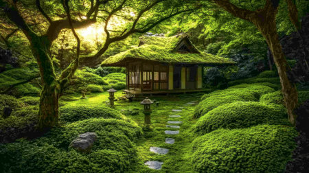 A serene Japanese garden featuring a traditional tea house surrounded by lush greenery and moss. Sunlight filters through the leaves, creating a peaceful atmosphere.の素材