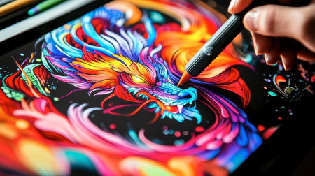 A stunning close-up captures the creative process of an artist illustrating a colorful dragon on a digital tablet, showcasing vibrant colors and intricate patterns.の素材