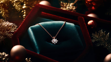 This stunning snowflake pendant necklace rests elegantly on rich green velvet, surrounded by festive Christmas decorations, embodying holiday luxury and charm.の素材