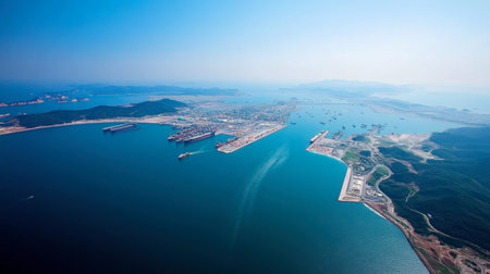 Stunning aerial perspective of a large industrial port filled with diverse shipping vessels, surrounded by tranquil ocean waters and a picturesque blue sky.の素材