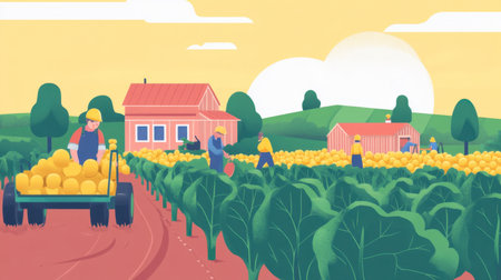 This colorful illustration showcases a lively farm scene with farmers joyfully harvesting vegetables under a sunny sky, highlighting the essence of rural agriculture and teamwork.の素材