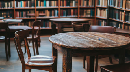 A serene library interior showcasing rustic wooden tables and chairs, surrounded by a rich collection of bookshelves, creating a warm and inviting environment for reading and study.の素材