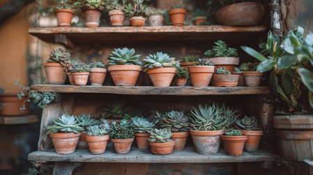 A beautiful arrangement of various succulent plants in terracotta pots on rustic wooden shelves, capturing a serene and vibrant atmosphere perfect for indoor gardening enthusiasts.の素材